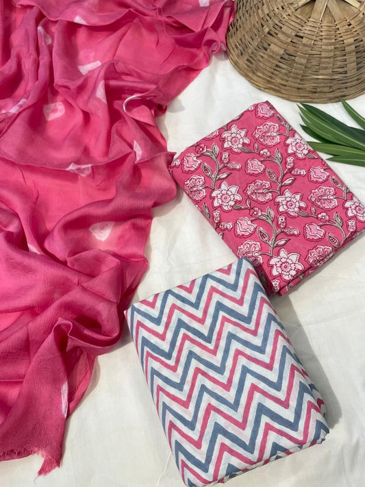 Cotton Suit Set with Pure Chiffon Dupatta and Cotton Bottom | 60×60 Cambric Cotton | House of the Handblock Jaipur