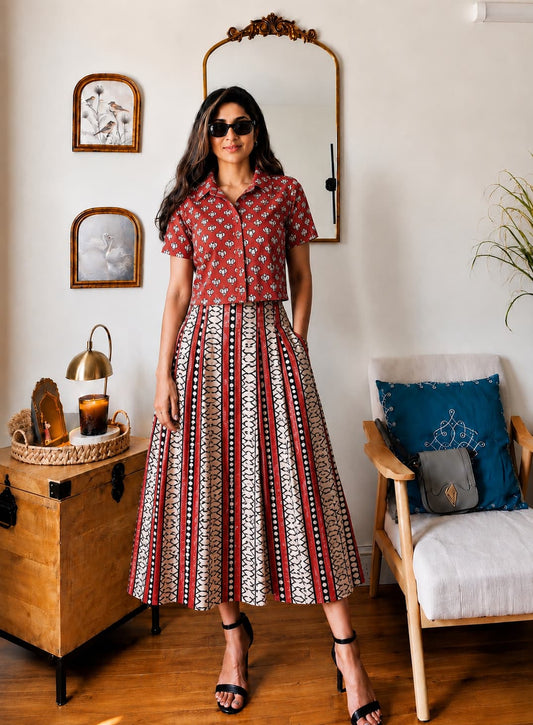 Natural Handblock Printed Cotton Co-Ord Set | Sleeveless Collar Top & Elastic Pocket Skirt | Pure Cotton | XS to 8XL | House Of The Handblock