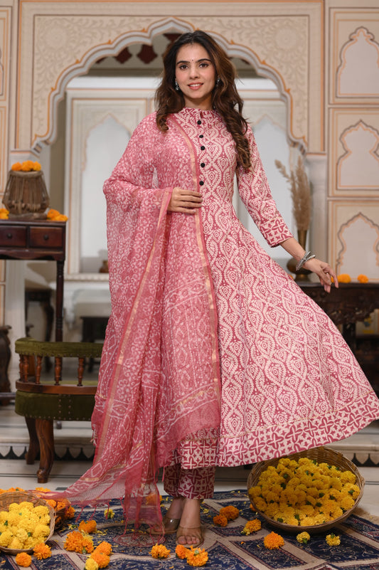 GI Tagged Handblock Printed Pure Cotton long Anarkali 3-Piece Set – Premium Quality 60x60 Fabric