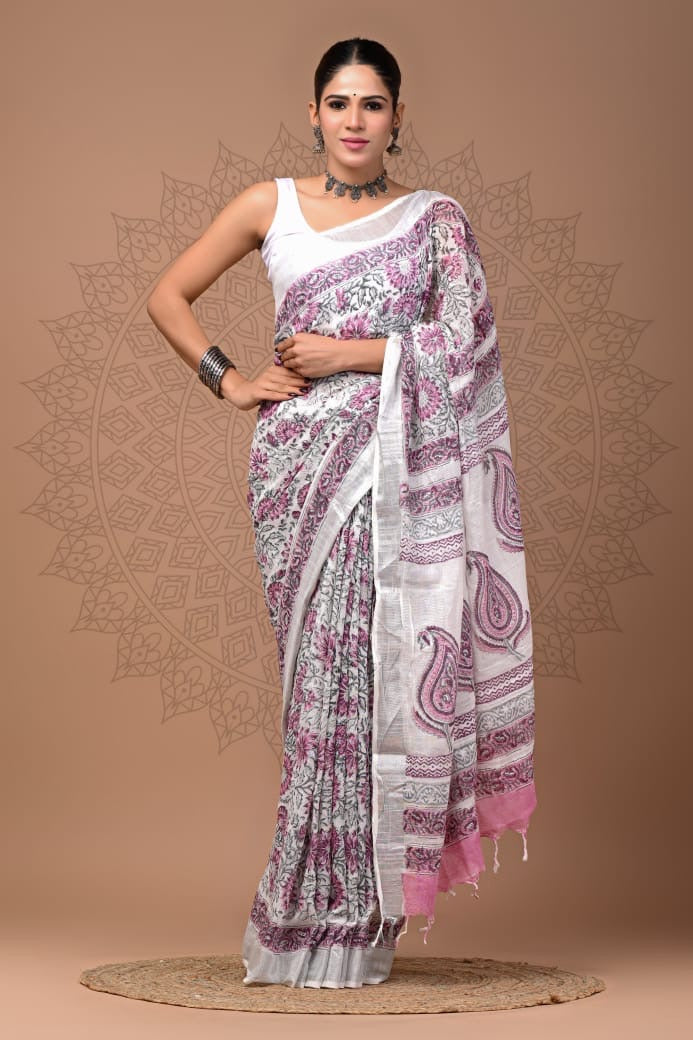 Pure Cotton Linen Hand Block Printed Saree with Blouse | Handcrafted Saree | House of the Handblock Jaipur
