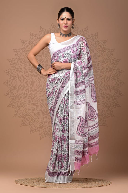 Pure Cotton Linen Hand Block Printed Saree with Blouse | Handcrafted Saree | House of the Handblock Jaipur