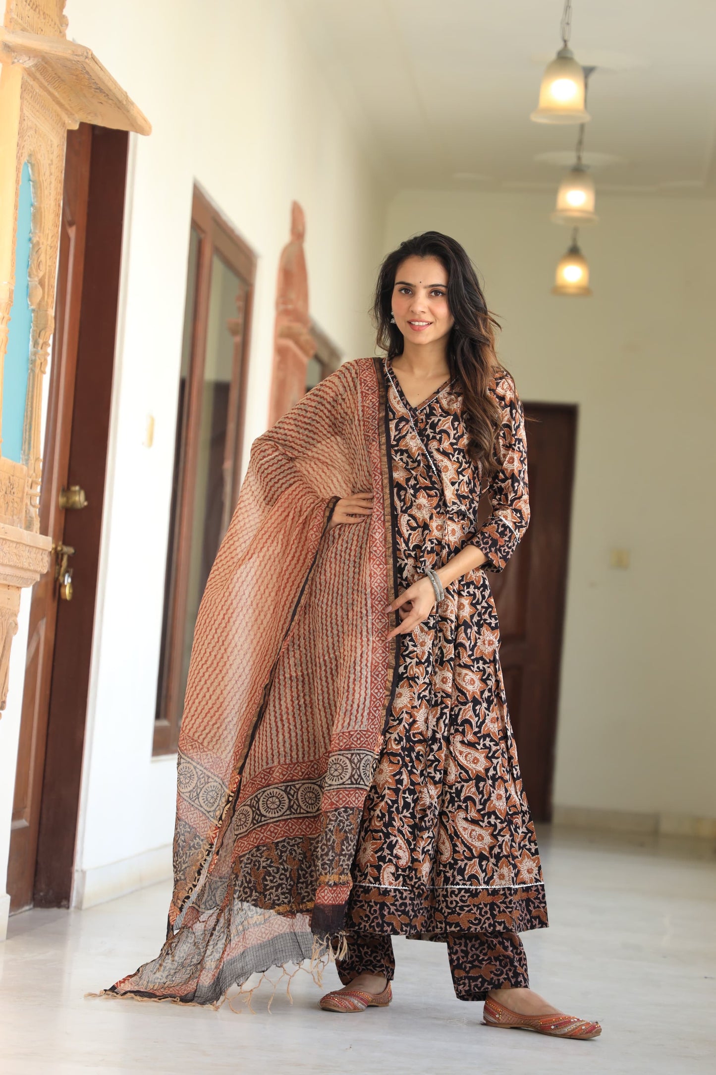 GI Tagged Handblock Printed Pure Cotton long Anarkali 3-Piece Set – Premium Quality 60x60 Fabric
