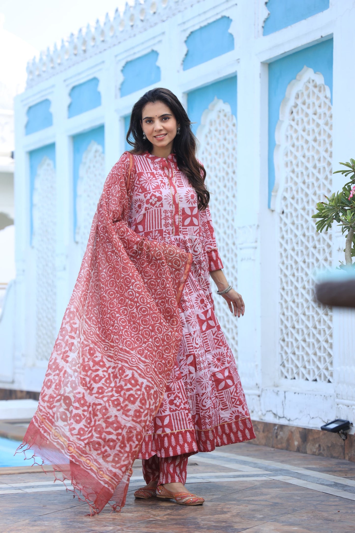 GI Tagged Handblock Printed Pure Cotton long Anarkali 3-Piece Set – Premium Quality 60x60 Fabric