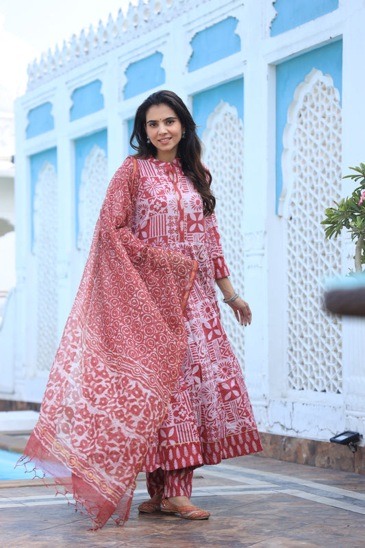 GI Tagged Handblock Printed Pure Cotton long Anarkali 3-Piece Set – Premium Quality 60x60 Fabric