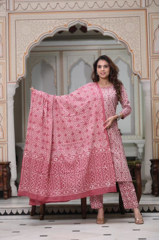 Exclusive Jaipuri Printed Cotton Kurti Set with Printed Plazo & Dupatta | Pure 60×60 Cotton- House Of The Handblock