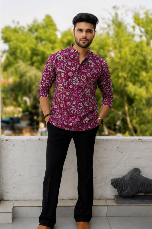 Handblock Printed Cotton Men’s Short Kurta – Premium Fit | Mandrain Collar | XS–8XL