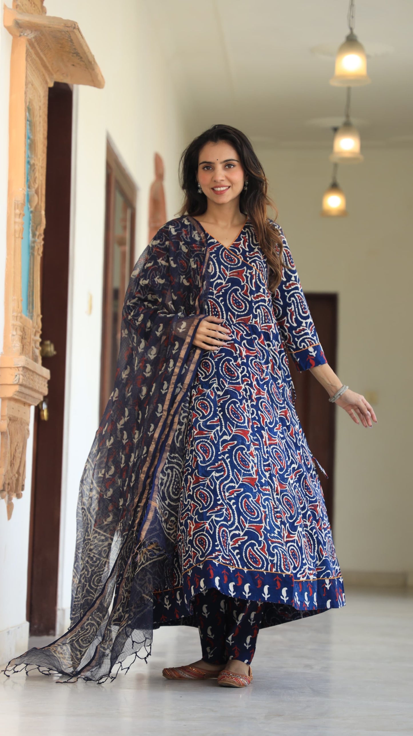 GI Tagged Handblock Printed Pure Cotton long Anarkali 3-Piece Set – Premium Quality 60x60 Fabric