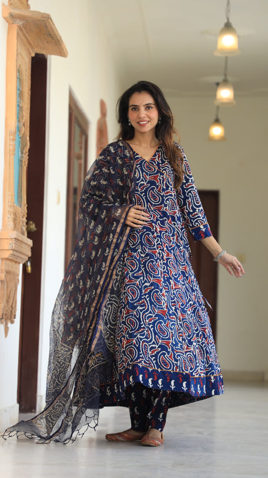 GI Tagged Handblock Printed Pure Cotton long Anarkali 3-Piece Set – Premium Quality 60x60 Fabric