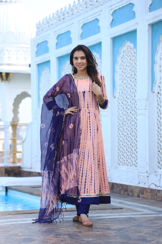 GI Tagged Handblock Printed Pure Cotton long Anarkali 3-Piece Set – Premium Quality 60x60 Fabric
