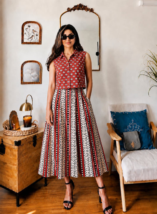 Natural Handblock Printed Cotton Co-Ord Set | Sleeveless Collar Top & Elastic Pocket Skirt | Pure Cotton | XS to 8XL | House Of The Handblock