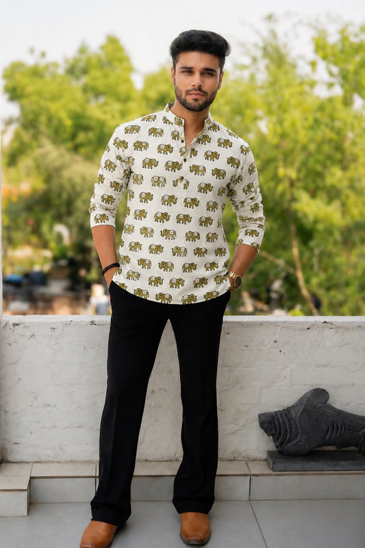 Handblock Printed Cotton Men’s Short Kurta – Premium Fit | Mandrain Collar | XS–8XL