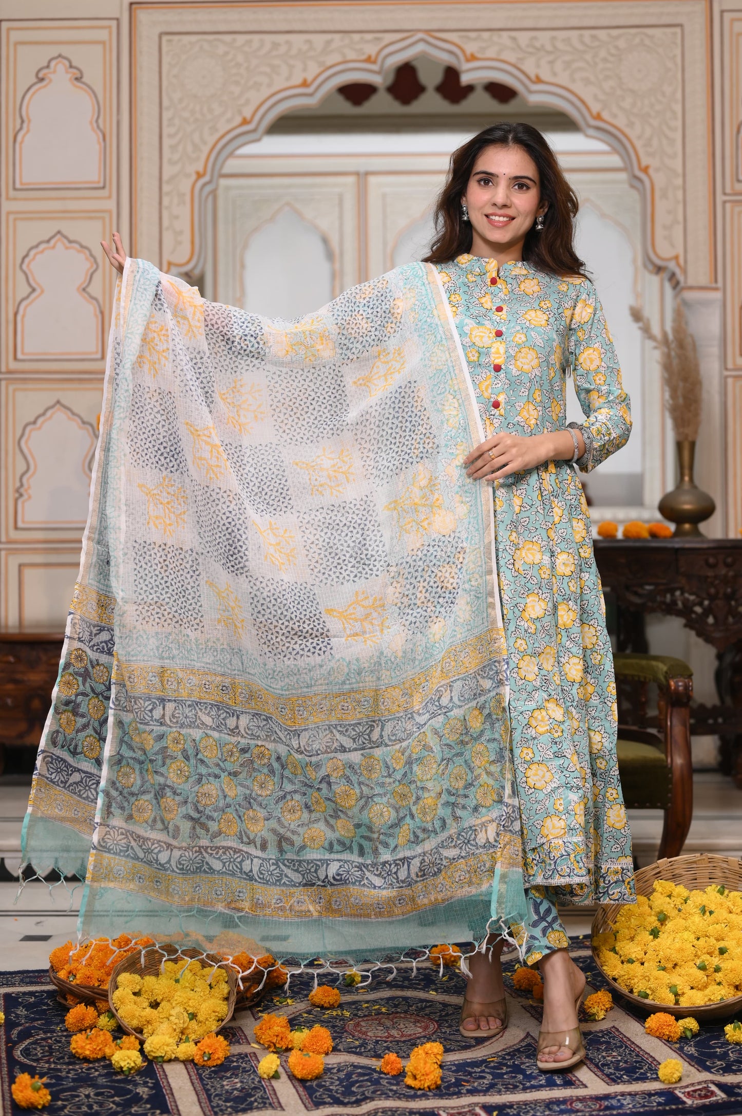 GI Tagged Handblock Printed Pure Cotton long Anarkali 3-Piece Set – Premium Quality 60x60 Fabric