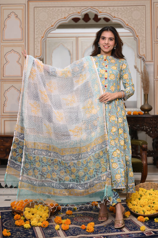 GI Tagged Handblock Printed Pure Cotton long Anarkali 3-Piece Set – Premium Quality 60x60 Fabric