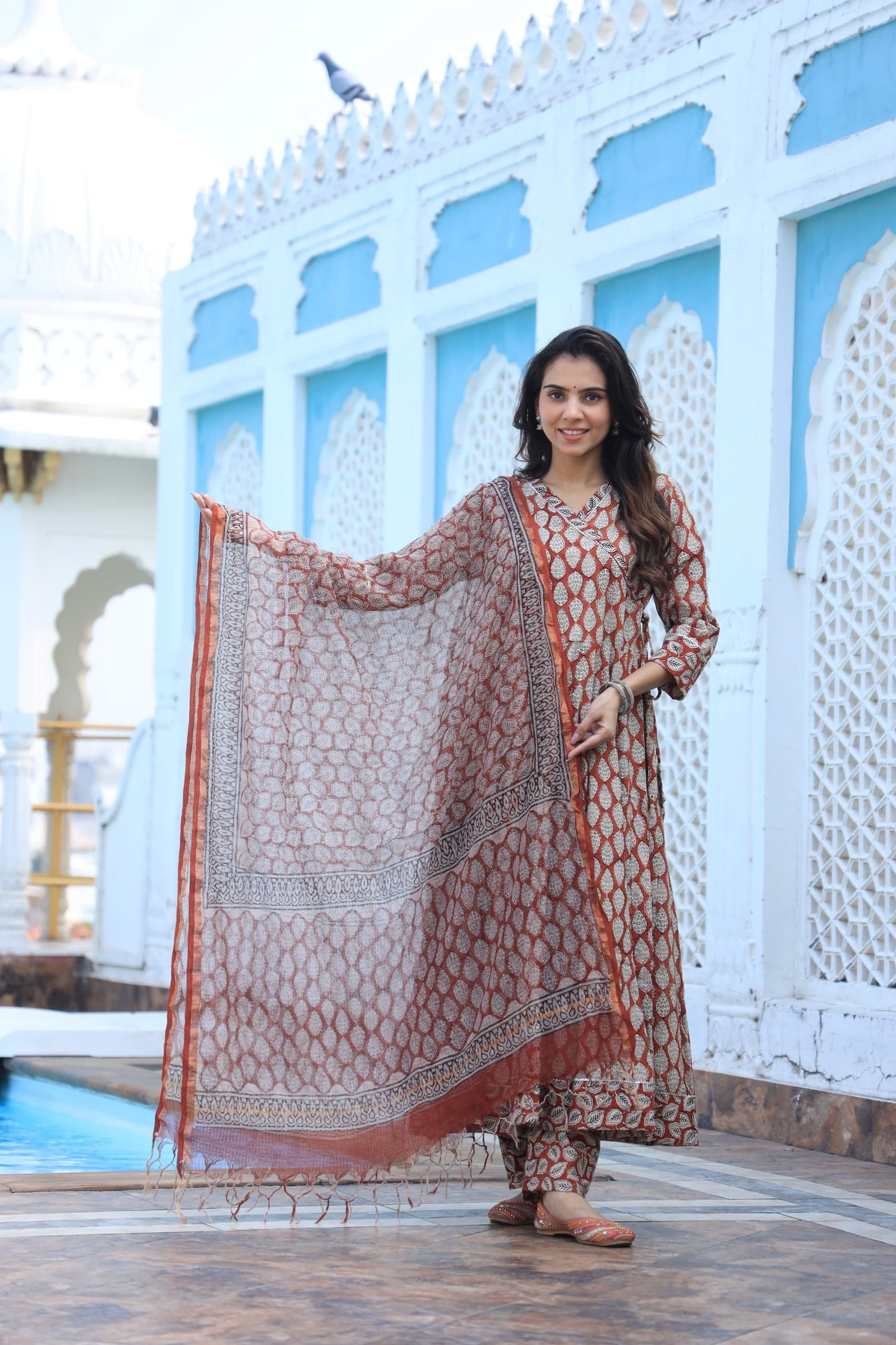 GI Tagged Handblock Printed Pure Cotton long Anarkali 3-Piece Set – Premium Quality 60x60 Fabric