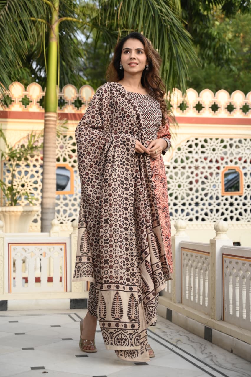 Exclusive Jaipuri Printed Cotton Kurti Set with Printed Plazo & Dupatta | Pure 60×60 Cotton- House Of The Handblock