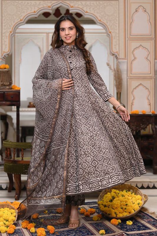 GI Tagged Handblock Printed Pure Cotton long Anarkali 3-Piece Set – Premium Quality 60x60 Fabric