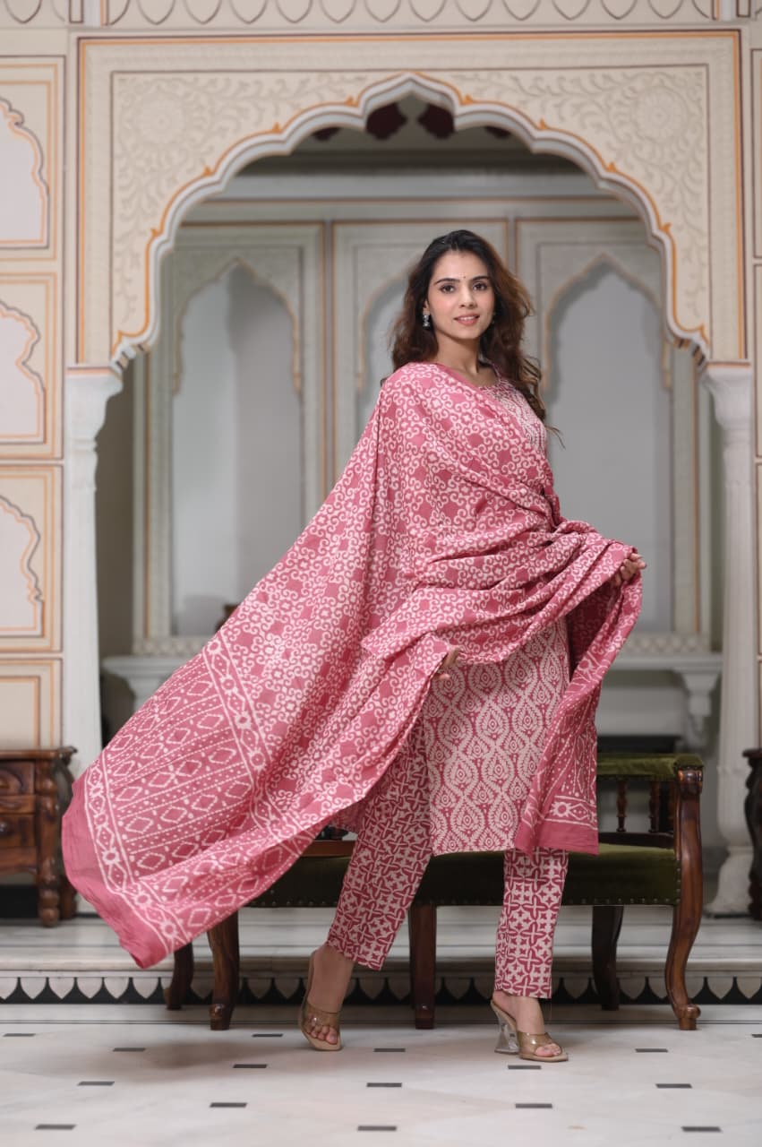 Exclusive Jaipuri Printed Cotton Kurti Set with Printed Plazo & Dupatta | Pure 60×60 Cotton- House Of The Handblock