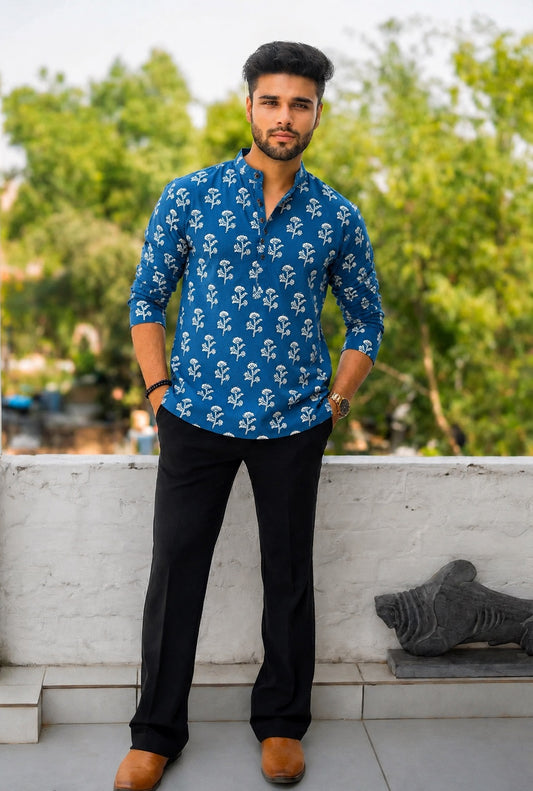 Handblock Printed Cotton Men’s Short Kurta – Premium Fit | Mandrain Collar | XS–8XL