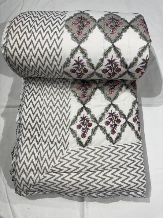 Premium Jaipuri Hand Block Printed Cotton Quilt (Rajai) | Reversible King Size Double Bed Quilt | 90x108 Inches | House Of The Handblock