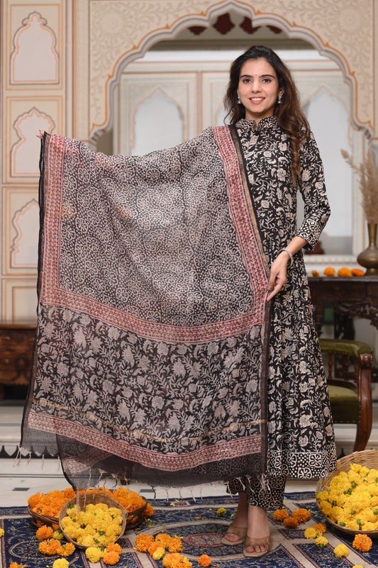 GI Tagged Handblock Printed Pure Cotton long Anarkali 3-Piece Set – Premium Quality 60x60 Fabric
