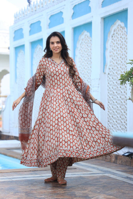 GI Tagged Handblock Printed Pure Cotton long Anarkali 3-Piece Set – Premium Quality 60x60 Fabric