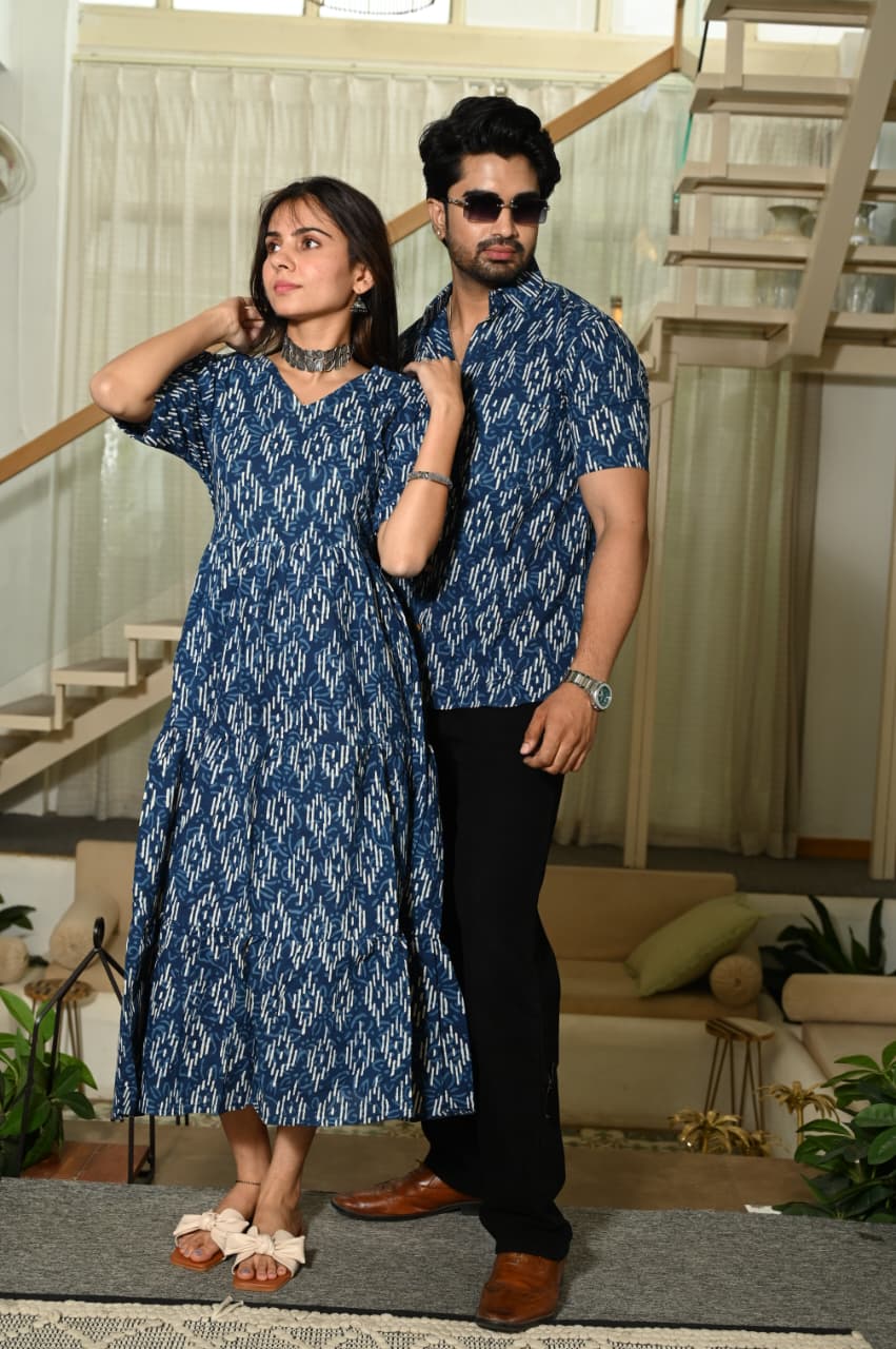 Couple Dress Set – Hand Block Printed Men’s Cotton Shirt & Women’s Midi Dress | House of the Handblock