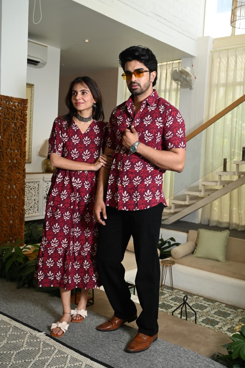 Couple Dress Set – Hand Block Printed Men’s Cotton Shirt & Women’s Midi Dress | House of the Handblock