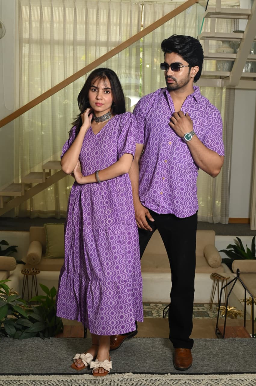 Couple Dress Set – Hand Block Printed Men’s Cotton Shirt & Women’s Midi Dress | House of the HandblocK