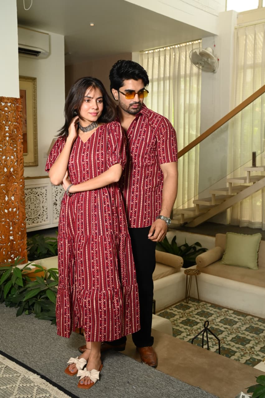Couple Dress Set – Hand Block Printed Men’s Cotton Shirt & Women’s Midi Dress | House of the HandblocK
