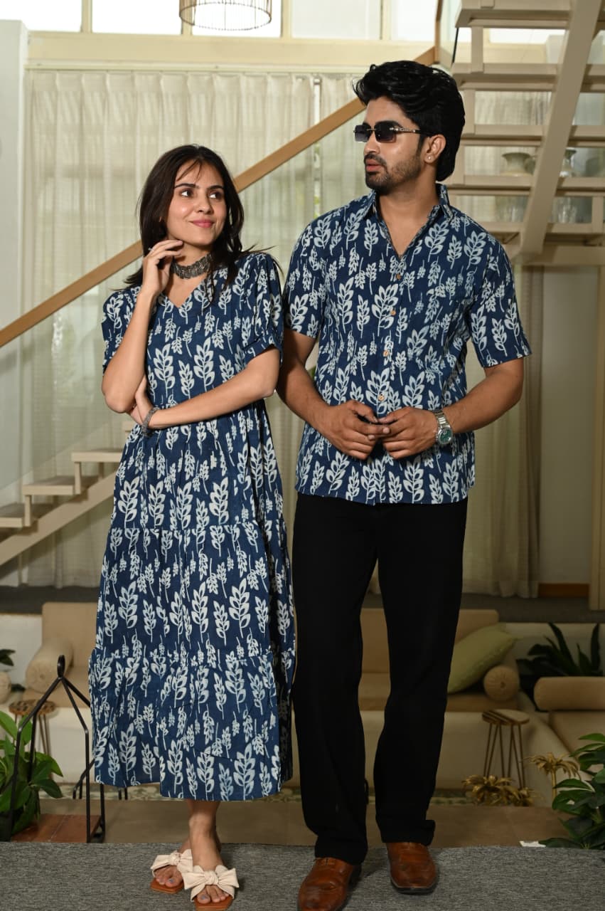 Couple Dress Set – Hand Block Printed Men’s Cotton Shirt & Women’s Midi Dress | House of the Handblock