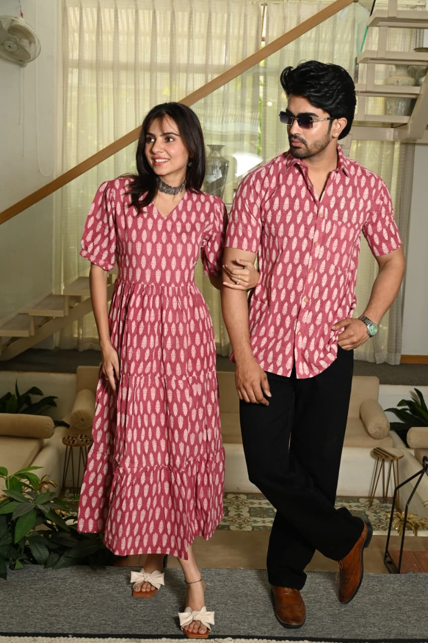 Couple Dress Set – Hand Block Printed Men’s Cotton Shirt & Women’s Midi Dress | House of the HandblocK
