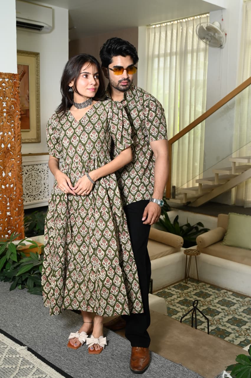 Couple Dress Set – Hand Block Printed Men’s Cotton Shirt & Women’s Midi Dress | House of the HandblocK