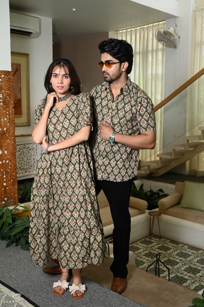 Couple Dress Set – Hand Block Printed Men’s Cotton Shirt & Women’s Midi Dress | House of the HandblocK