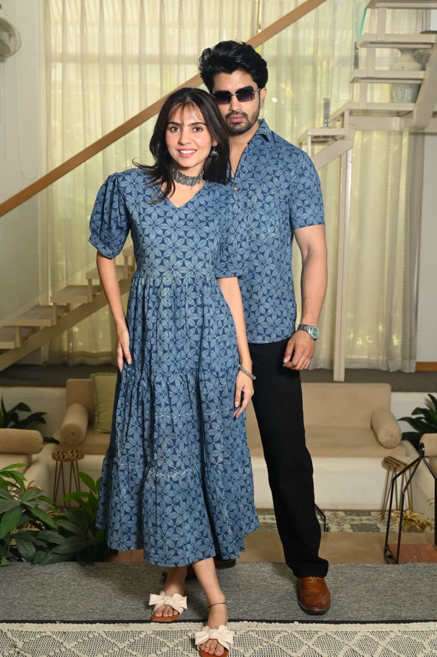 Couple Dress Set – Hand Block Printed Men’s Cotton Shirt & Women’s Midi Dress | House of the HandblocK