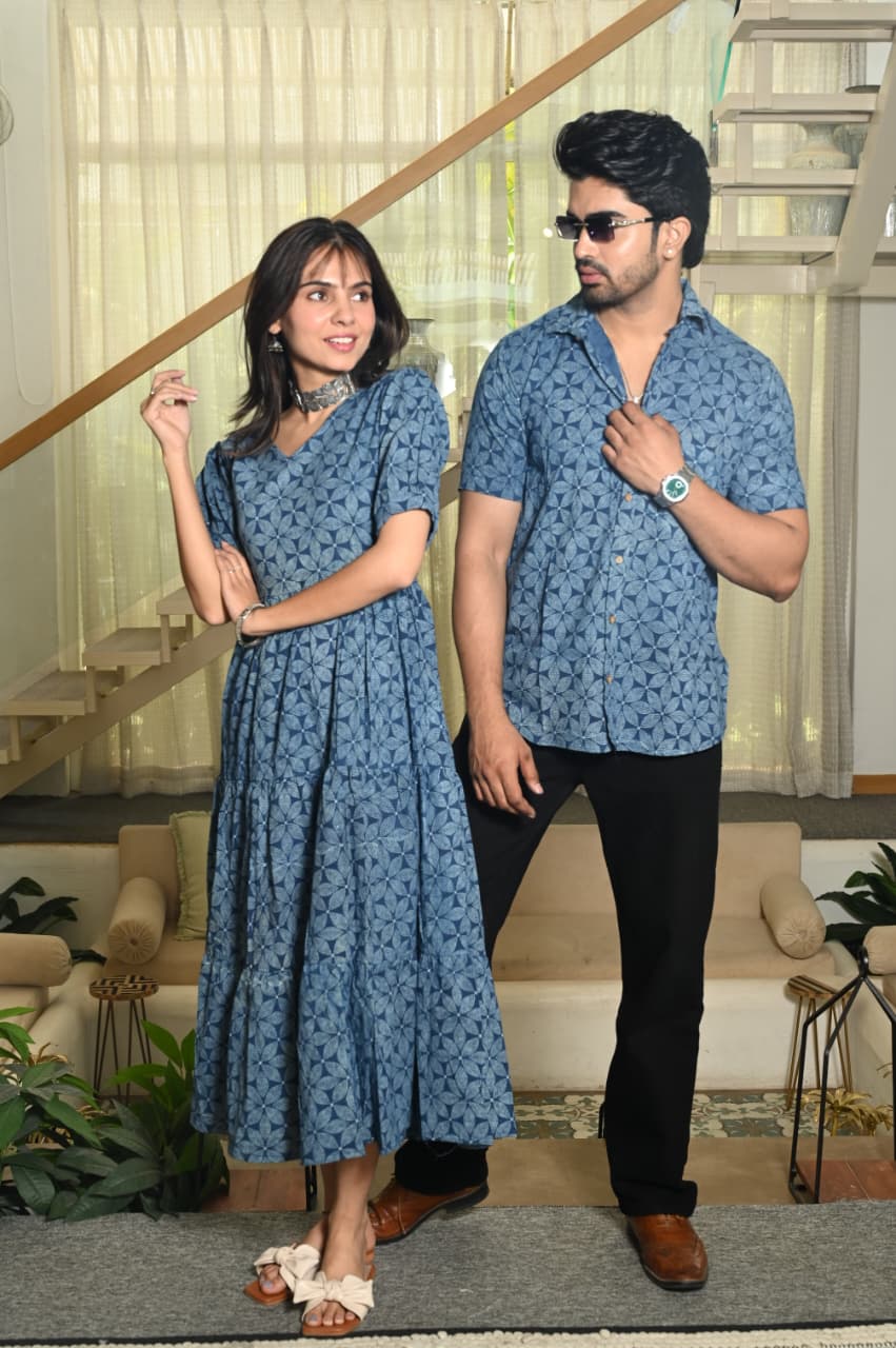 Couple Dress Set – Hand Block Printed Men’s Cotton Shirt & Women’s Midi Dress | House of the HandblocK