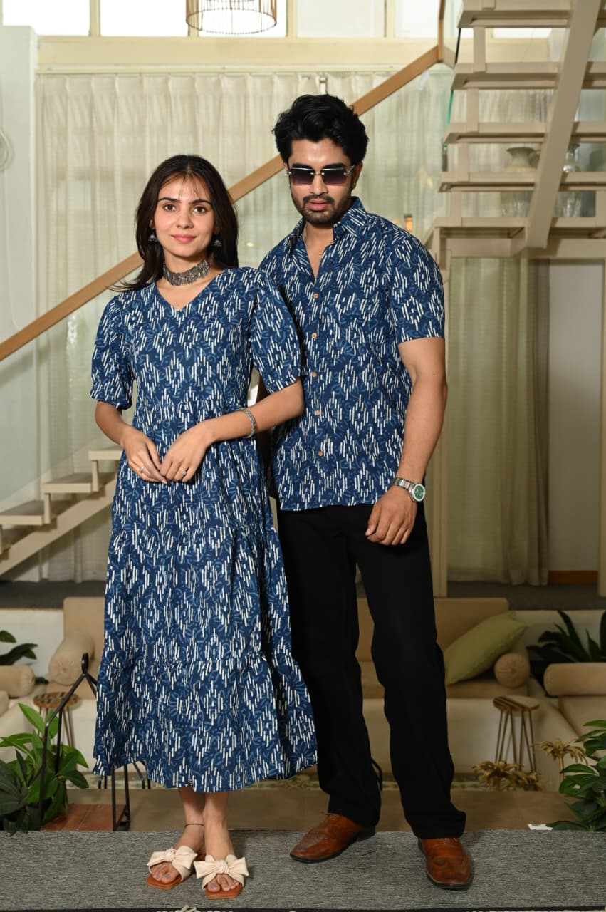 Couple Dress Set – Hand Block Printed Men’s Cotton Shirt & Women’s Midi Dress | House of the Handblock