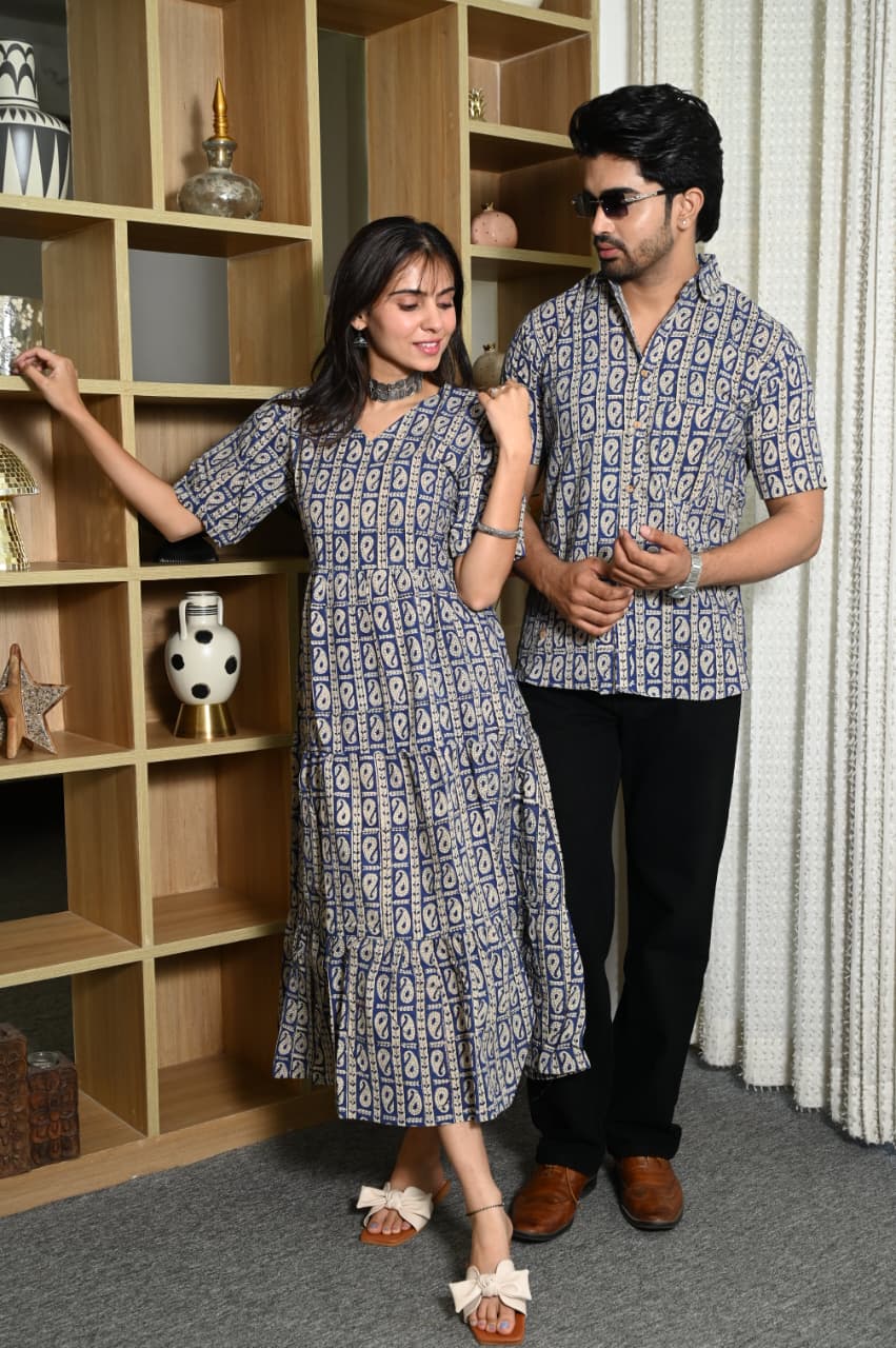 Couple Dress Set – Hand Block Printed Men’s Cotton Shirt & Women’s Midi Dress | House of the HandblocK