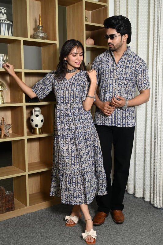 Couple Dress Set – Hand Block Printed Men’s Cotton Shirt & Women’s Midi Dress | House of the HandblocK