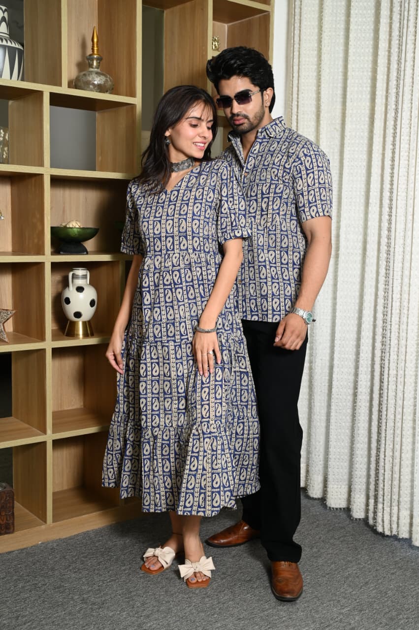 Couple Dress Set – Hand Block Printed Men’s Cotton Shirt & Women’s Midi Dress | House of the HandblocK