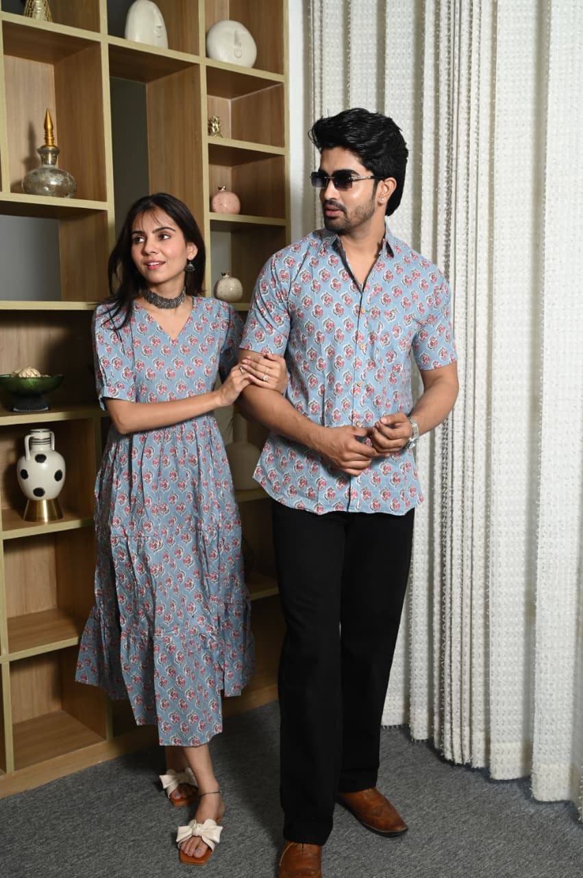 Couple Dress Set – Hand Block Printed Men’s Cotton Shirt & Women’s Midi Dress | House of the HandblocK