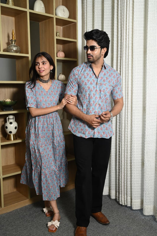 Couple Dress Set – Hand Block Printed Men’s Cotton Shirt & Women’s Midi Dress | House of the HandblocK