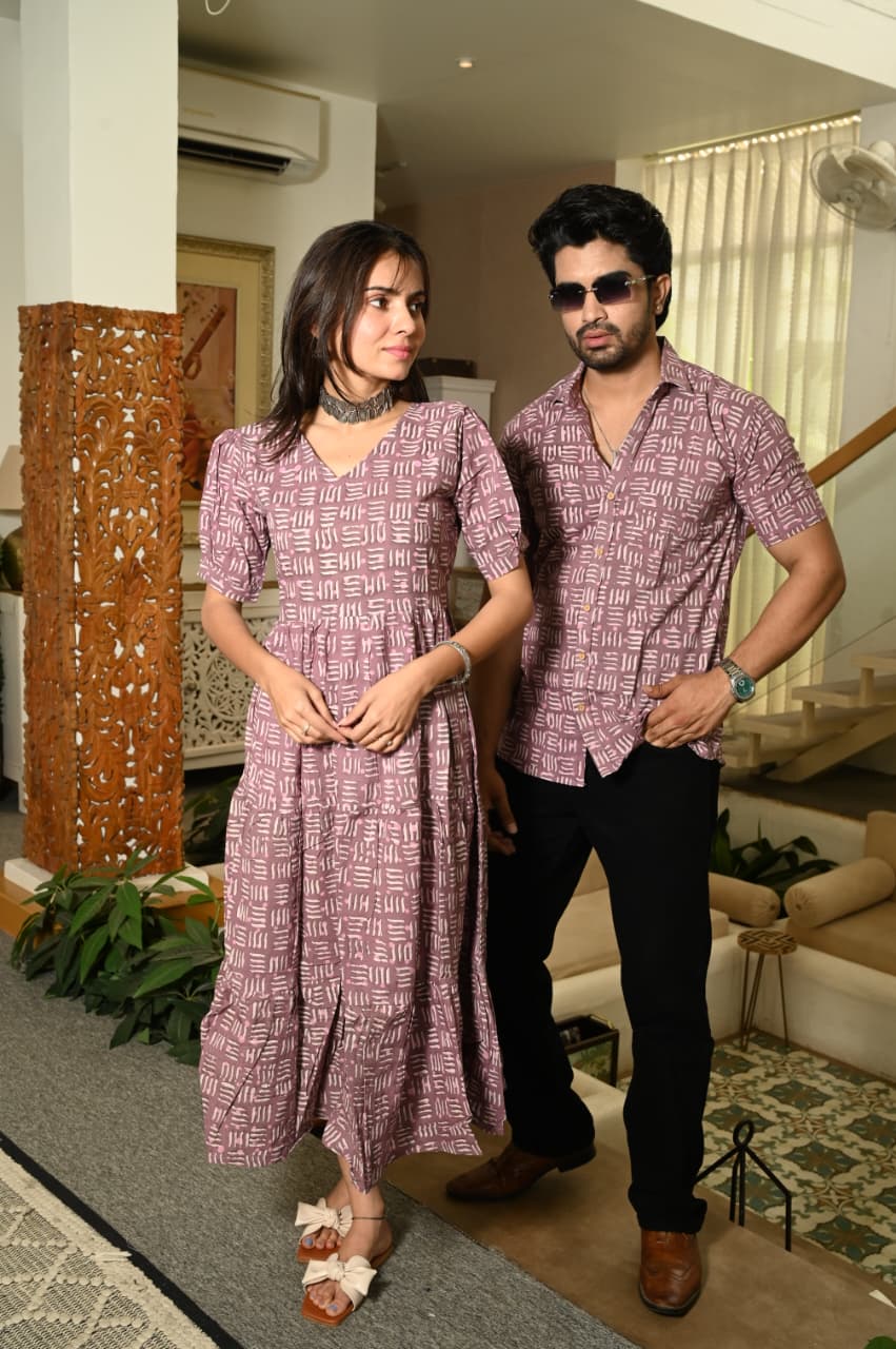 Couple Dress Set – Hand Block Printed Men’s Cotton Shirt & Women’s Midi Dress | House of the HandblocK