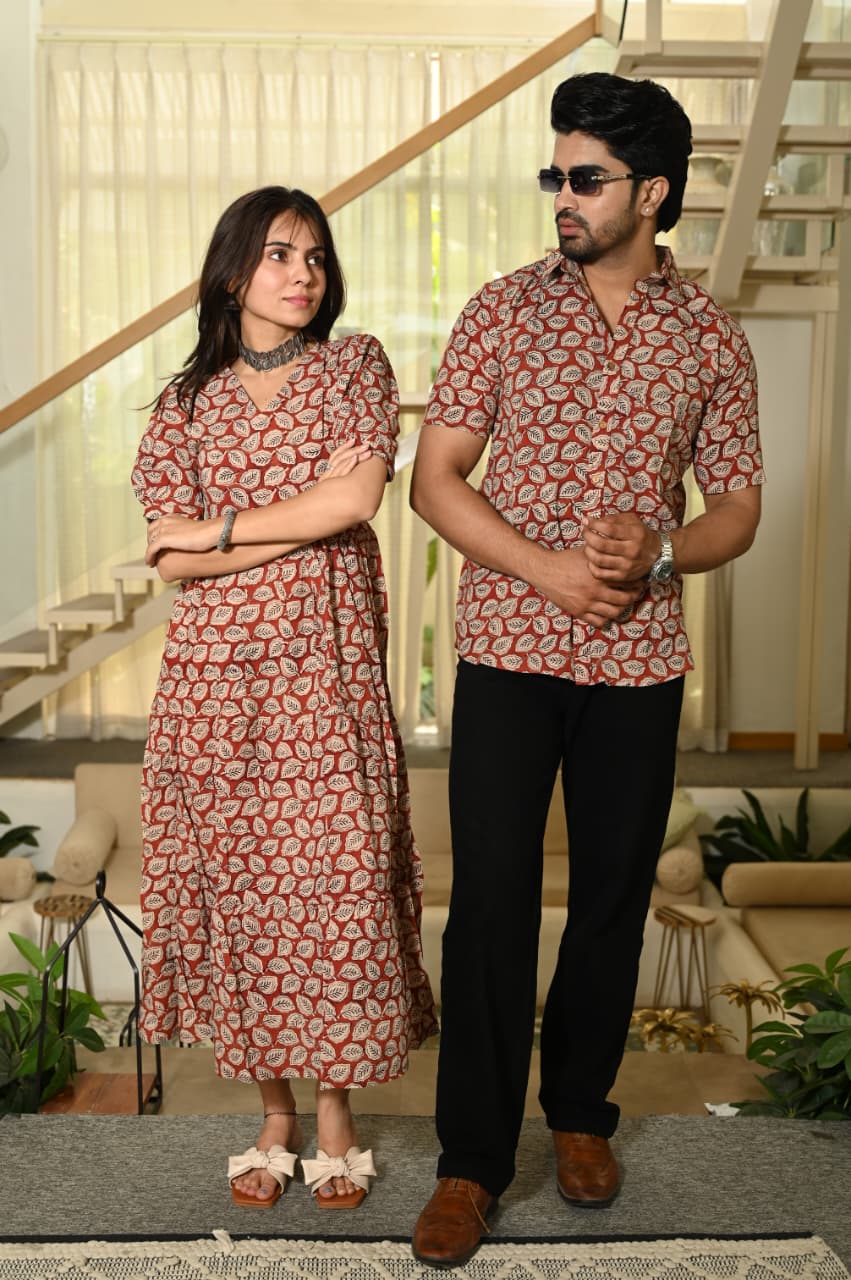 Couple Dress Set – Hand Block Printed Men’s Cotton Shirt & Women’s Midi Dress | House of the HandblocK