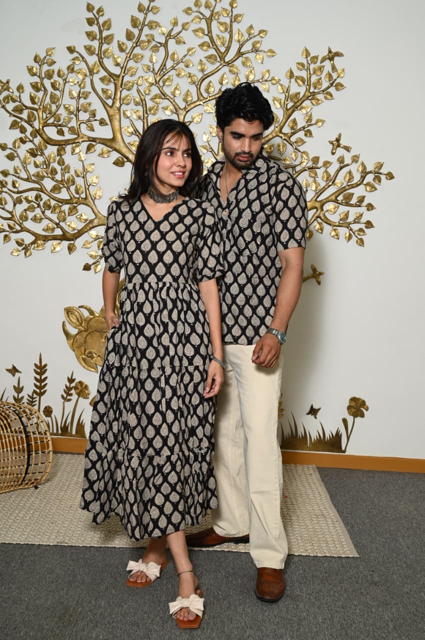 Couple Dress Set – Hand Block Printed Men’s Cotton Shirt & Women’s Midi Dress | House of the HandblocK