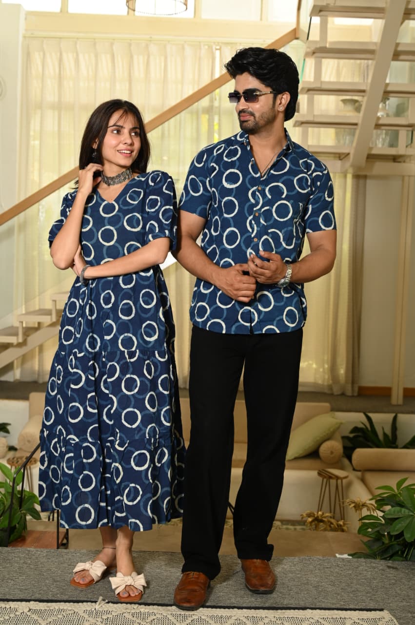 Couple Dress Set – Hand Block Printed Men’s Cotton Shirt & Women’s Midi Dress | House of the Handblock