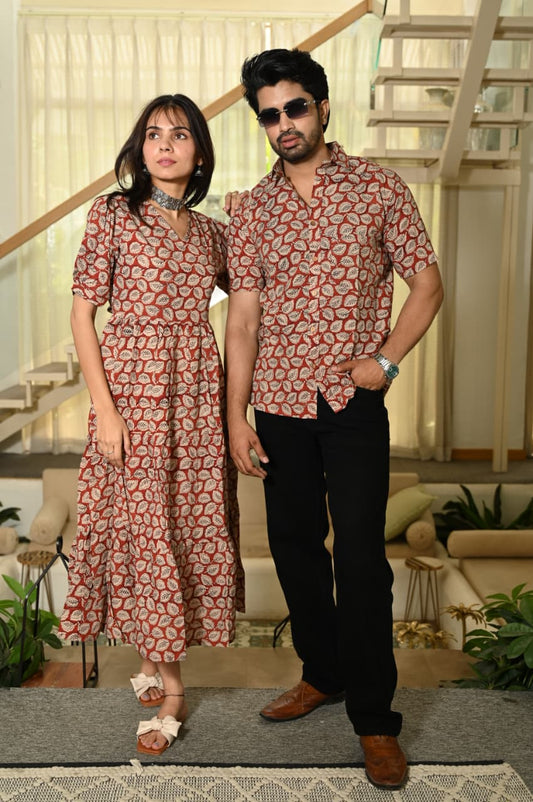 Couple Dress Set – Hand Block Printed Men’s Cotton Shirt & Women’s Midi Dress | House of the HandblocK