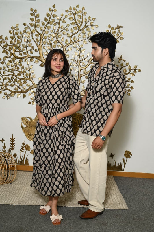Couple Dress Set – Hand Block Printed Men’s Cotton Shirt & Women’s Midi Dress | House of the HandblocK
