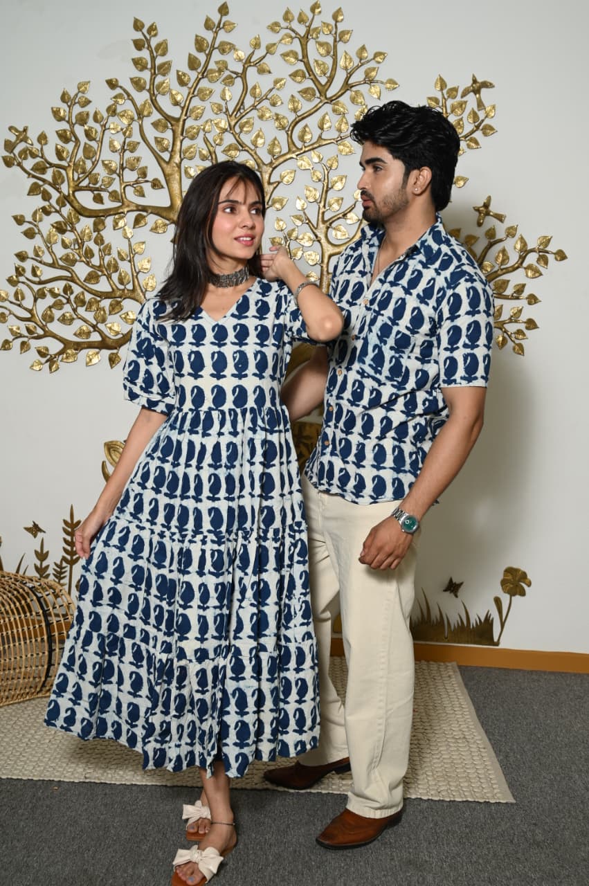 Couple Dress Set – Hand Block Printed Men’s Cotton Shirt & Women’s Midi Dress | House of the HandblocK