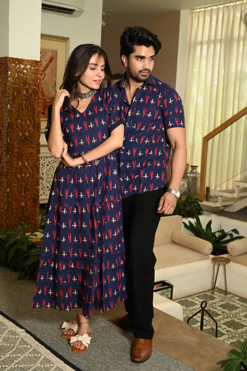 Couple Dress Set – Hand Block Printed Men’s Cotton Shirt & Women’s Midi Dress | House of the Handblock
