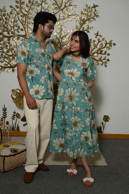 Couple Dress Set – Hand Block Printed Men’s Cotton Shirt & Women’s Midi Dress | House of the HandblocK